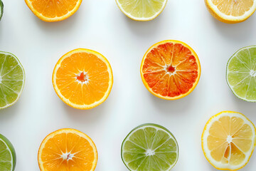 Top view of citrus halves on white background