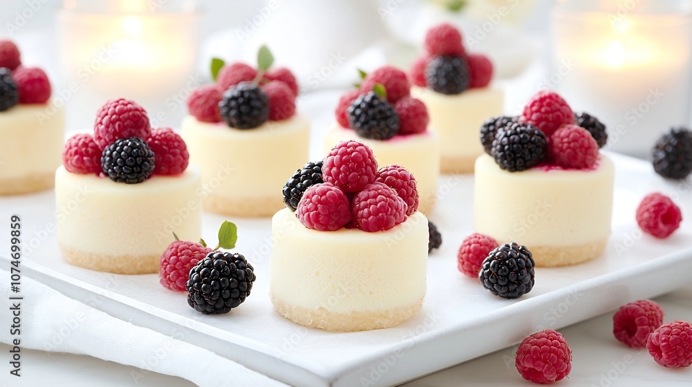 Poster beautifully presented small dessert bites topped with fresh raspberries and blackberries artfully ar