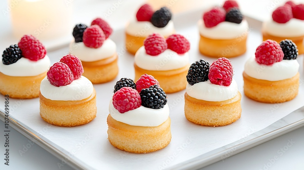Poster delectable dessert bites topped with fresh raspberries and blackberries elegantly arranged on a serv