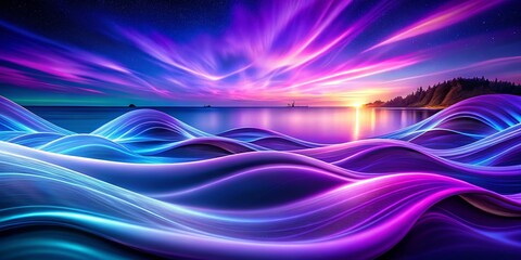 Serene Double Exposure of Purple Waves Against a Smooth Background with Dynamic Sky and Sunsetting Horizon Evoking Tranquility and Beauty
