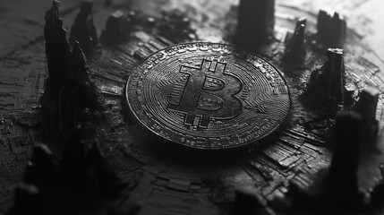 Textured Bitcoin Coin in Abstract Landscape