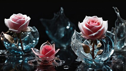 Transparent rose, glass rose, ice rose, ice rose, magic rose, ice, black background-