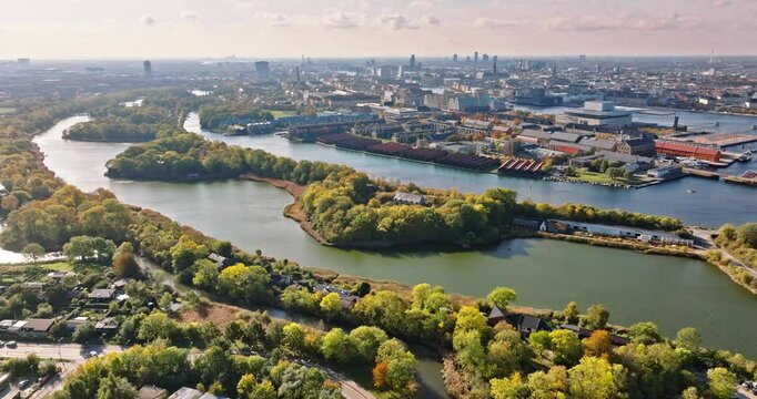 Aerial drone view of Christiania intentional community and commune in the Christianshavn neighbourhood of Copenhagen, Denmark