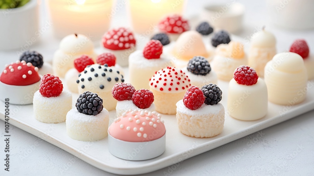 Poster assorted bite sized sweets like macarons truffles and meringues decorated with fresh berries on a se