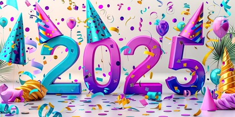 Vibrant 3D "2025" Numbers with Party Hats and Confetti 