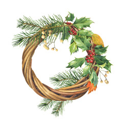 Christmas wreath made of fir tree branches and holly