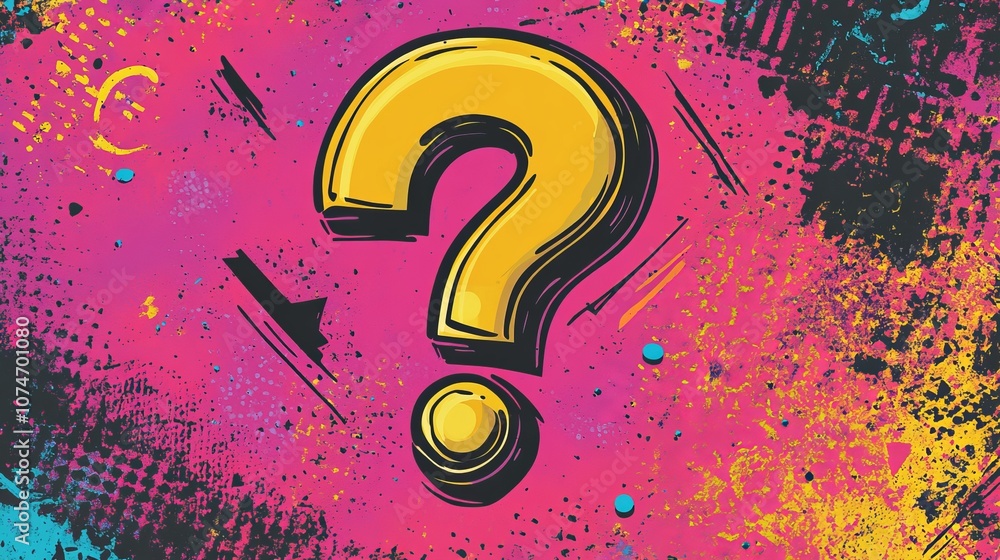 Poster a pop art-style illustration featuring a bold question mark inside a circle icon. the design include