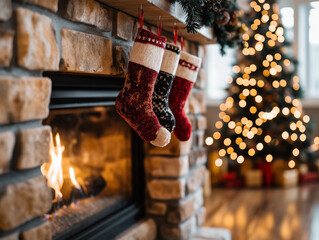 Warm fireplace with stockings hanging above