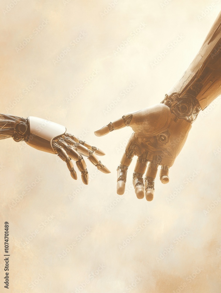 Aufkleber a human hand and a robotic hand extend towards each other, symbolizing the connection between humani