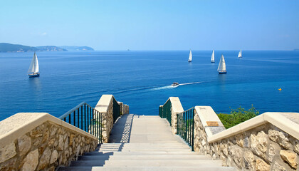 Obraz premium Stunning coastal view from an elegant staircase overlooking sailboats in the tranquil sea 
