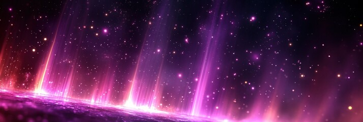 Obraz premium Vibrant Cosmic Aurora with Purple and Pink Light Beams Illuminating a Starry Night Sky and Creating a Dreamlike, Ethereal Atmosphere Perfect for Space-Themed Designs