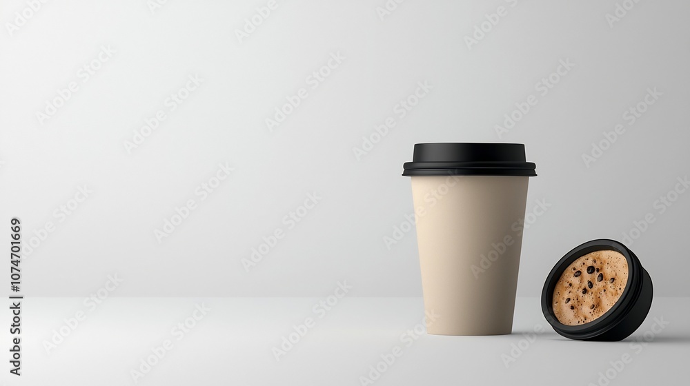 Poster plain coffee cup with a black lid standing on a smooth white background perfect for product mockups 