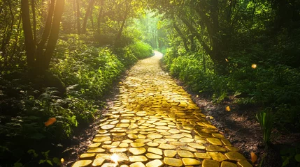 Golden stone pathway through a lush forest at sunrise