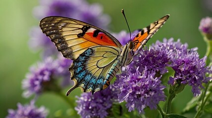 Obraz premium A detailed macro shot of a butterfly with colorful wings perched on a purple flower. The image captures the delicate patterns of the butterfly’s wings and the vivid colors of the bloom against a soft