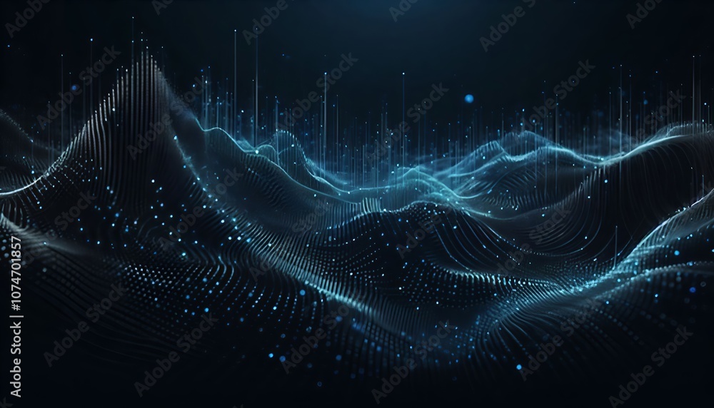 Wall mural image of horizontal lines of blue particles and undulating 3d landscape on black background. communi