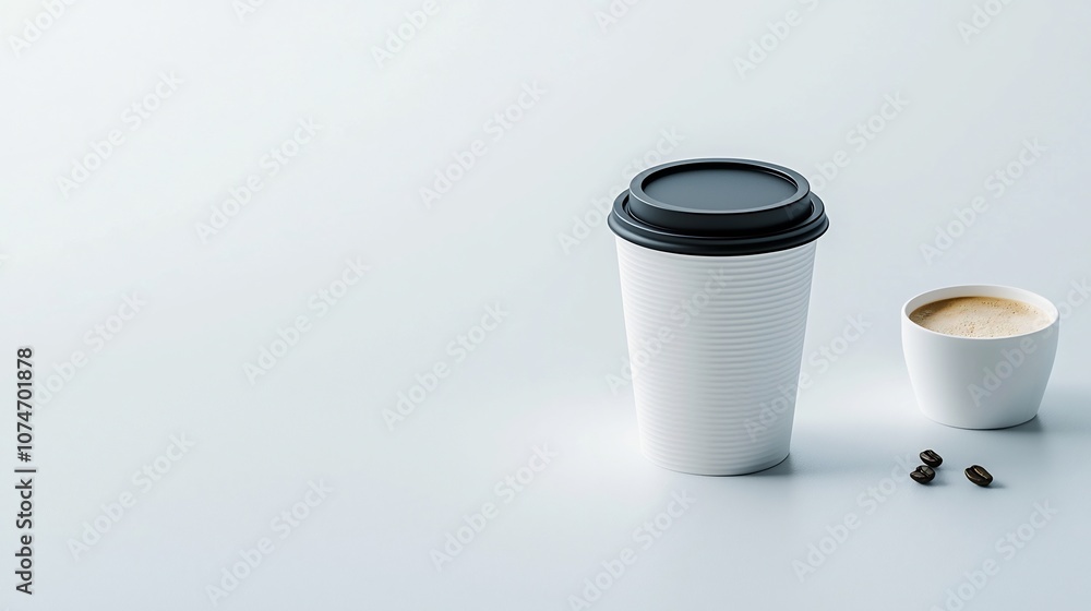 Poster minimalist white paper coffee cup with a black lid resting on a pure white background capturing a cl