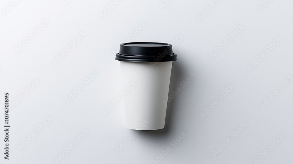 Poster minimalist disposable coffee cup with black lid centered on a clean white background showcasing a si