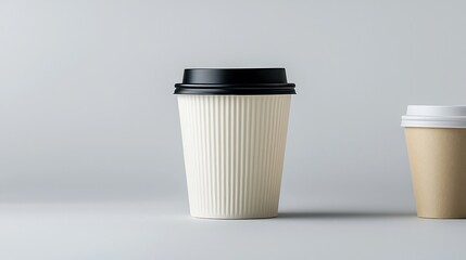 Closeup of a single disposable coffee cup with a black lid centered on a plain white background