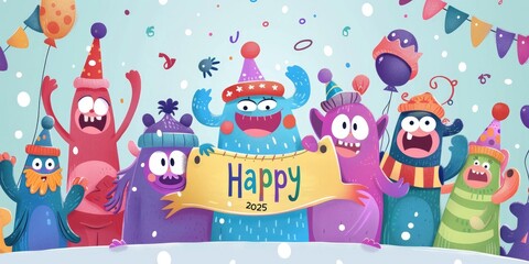 Whimsical Cartoon Characters Holding a "Happy 2025" Banner