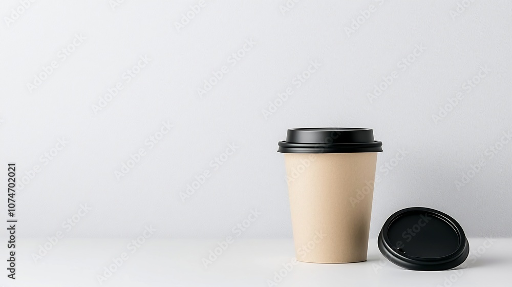Poster minimalist and versatile paper coffee cup with black lid placed on a simple white background highlig