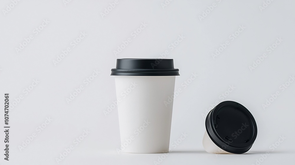 Poster closeup of a simple minimalist paper coffee cup with a black lid showcasing a clean and versatile de