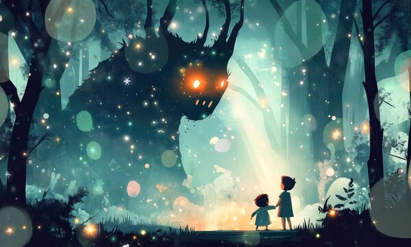 children see a monster in mystic dark forest in fairy tale