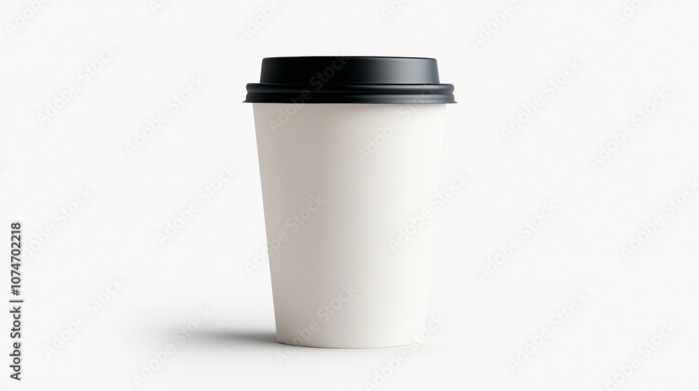 Poster white paper cup with a black lid set against a pure white background designed for mockup use and pro