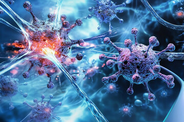 Microscopic view of viruses interacting with cells in a lab
