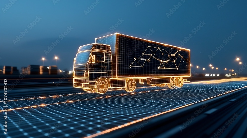 Fototapete futuristic semi trailer truck composed of luminous lines and points delivering goods worldwide at ni