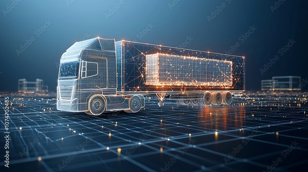 Fototapete a futuristic semi trailer truck composed of luminous lines and points delivering goods worldwide at 