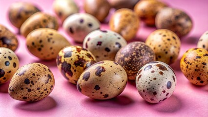 Obraz premium Quail Eggs Artfully Arranged on a Soft Pink Background Showcasing Unique Speckled Patterns and Textures for Culinary or Nature Themes