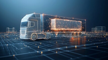 A futuristic semi trailer truck composed of luminous lines and points delivering goods worldwide at night floating over a network grid on a deep blue background with the power of generative AI