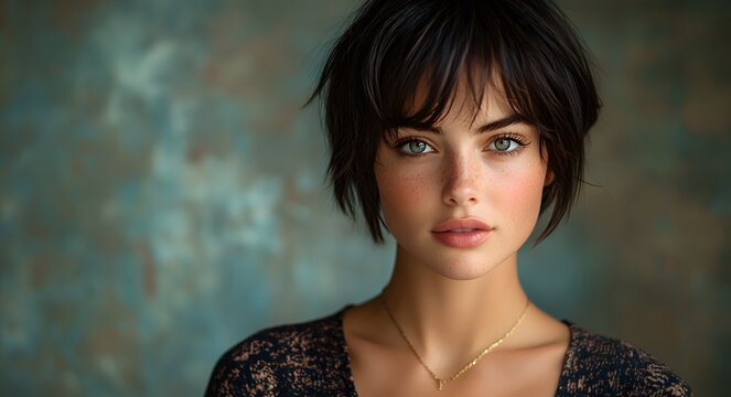 Elegant pixie cut, stylish haircut, styling, bangs. A young woman with short hair and blue background. 