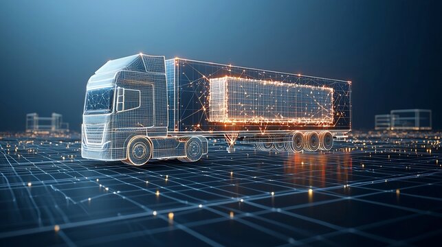 A futuristic semi trailer truck composed of luminous lines and points delivering goods worldwide at night floating over a network grid on a deep blue background with the power of generative AI