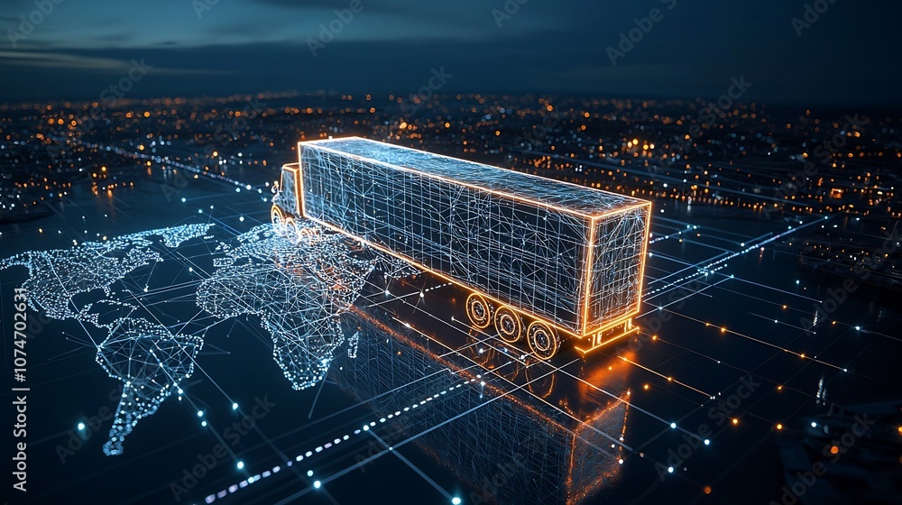 Poster abstract digital art depicting an illuminated semi trailer truck made from glowing lines and points 