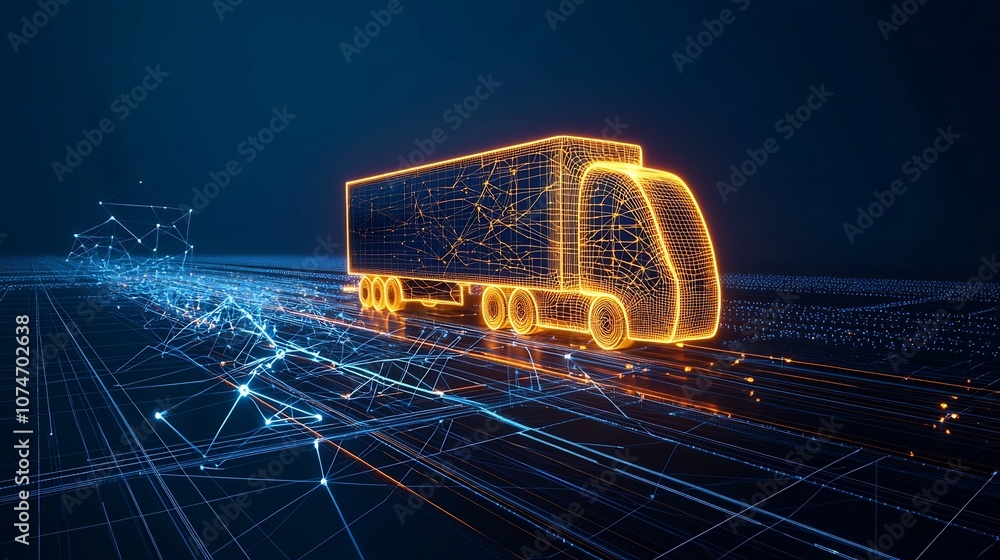 Aufkleber abstract digital art depicting an illuminated semi trailer truck made from glowing lines and points 