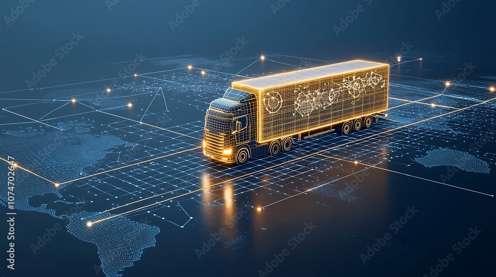 Poster Digital art depicting a glowing semi trailer truck navigating a global network grid symbolizing the impact of generative technology on international trade and logistics in the future