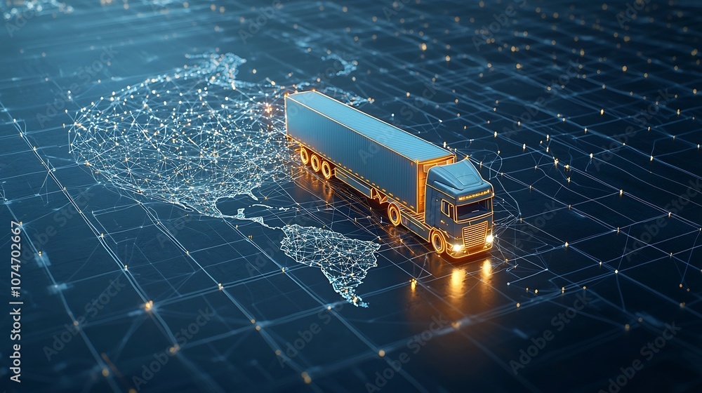 Poster digital artwork depicting a glowing semi trailer truck driving above a global network grid symbolizi
