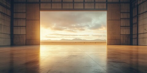 Fototapeta premium Serene Sunrise View from an Open Hangar Door with Expansive Landscape and Colorful Sky Over Mountains in the Distance