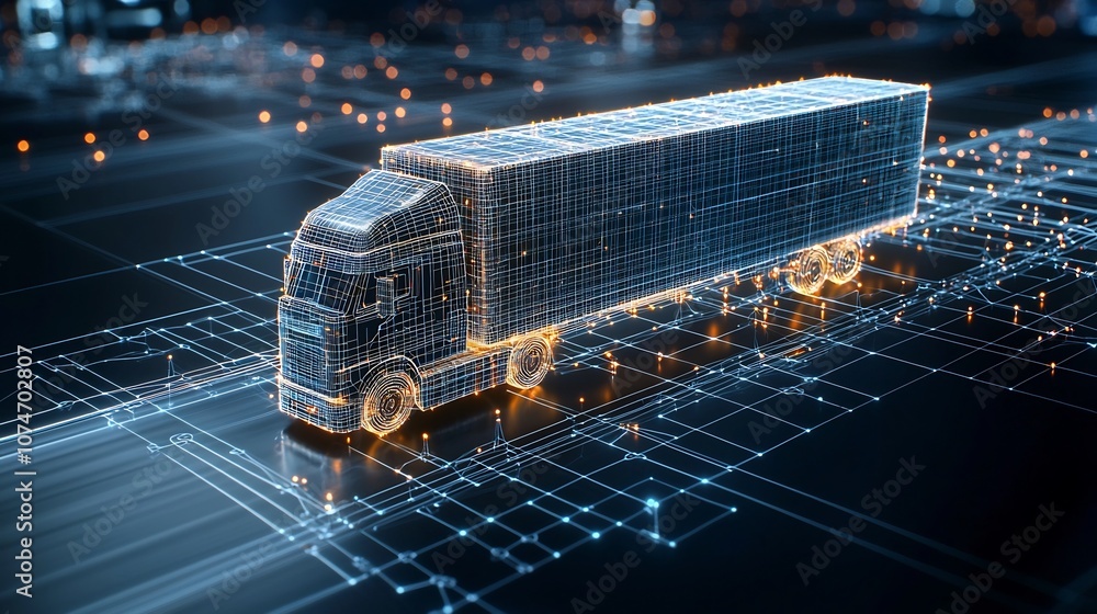 Poster digital depiction of a semi trailer truck made from glowing lines and points driving across a dark b