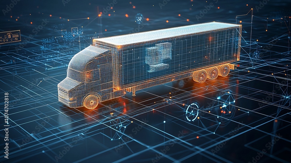 Aufkleber a digital depicting a semi trailer truck made from glowing lines and points driving across a dark bl