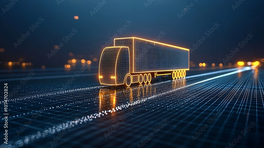 Leinwandbilder illuminated semi trailer truck made of light lines driving across a global grid network at night sym