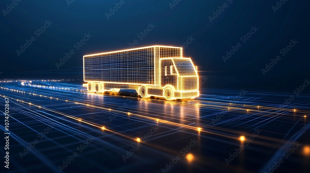 Poster abstract illuminated semi trailer truck made of light lines driving across a global grid network at 