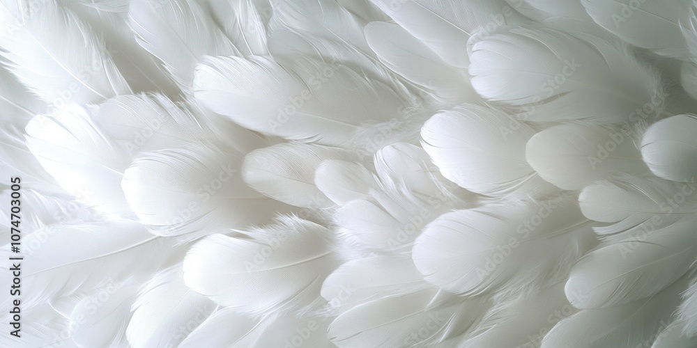 Poster a close-up view of soft and delicate white feathers artfully layered together, creating a textured b