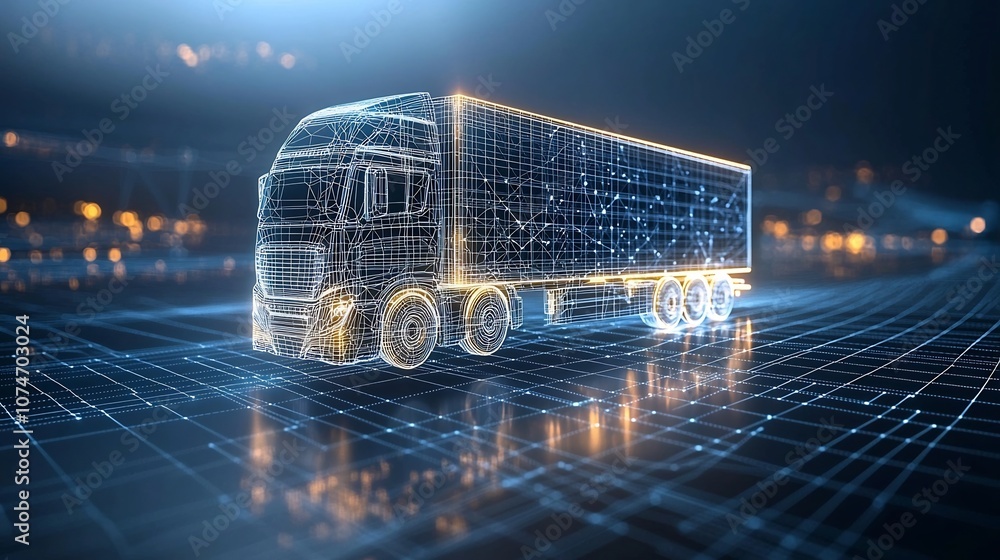 Aufkleber Futuristic semi trailer truck made from light points and lines symbolizing global connectivity in logistics floating above a network grid on a dark blue background with generative influence