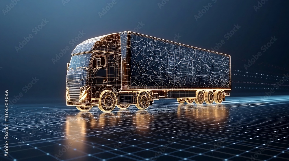 Poster Futuristic semi trailer truck made from light points and lines symbolizing global connectivity in logistics floating above a network grid on a dark blue background with generative influence