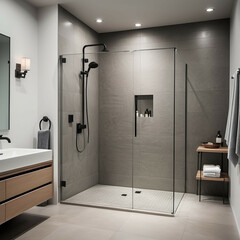A walk-in shower with no visible drain, using a sleek slope for water runoff and frameless glass doors, offering a seamless look.