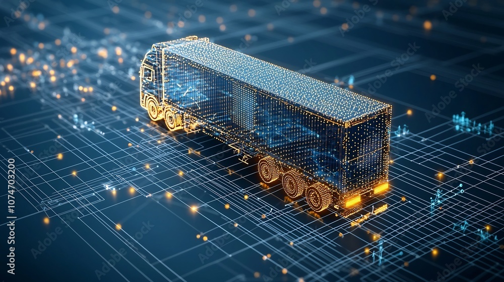 Poster Digital Representation of an Illuminated Semi Trailer Truck Made of Luminous Points Floating Over a Connected Network Grid on a Deep Blue Background