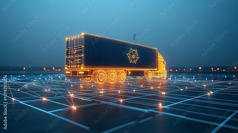 Poster visually striking abstract art depicting a glowing semi trailer truck navigating a futuristic digita