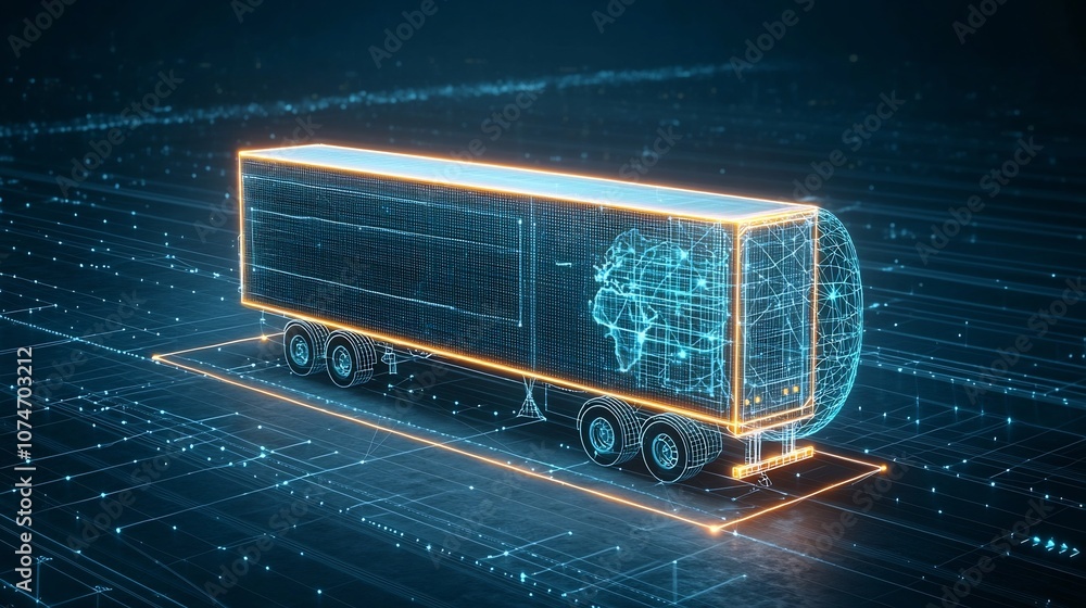 Poster glowing semi trailer truck traversing a futuristic grid network at night showcasing the power of gen